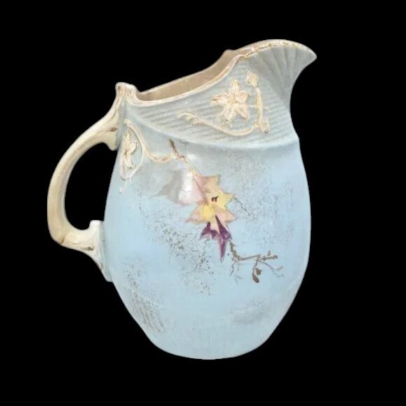 Vintage Hand Painted Pitcher Leaf & Web Design Blue Purple Yellow Tan Gold - Picture 3 of 8
